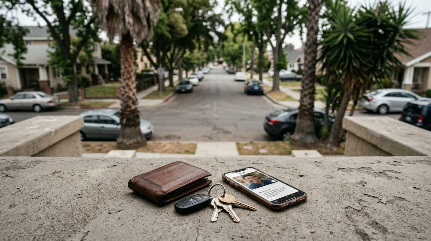 An overhead flat-lay of a worn leather wallet, a set of car keys, and a smartphone showing a Hinge profile, resting on a w...