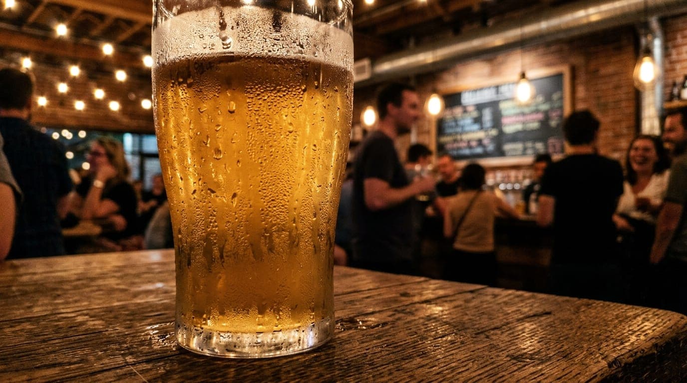 A 100mm macro shot captures a chilled glass of craft cider beaded with condensation, resting on a rustic wooden table insi...