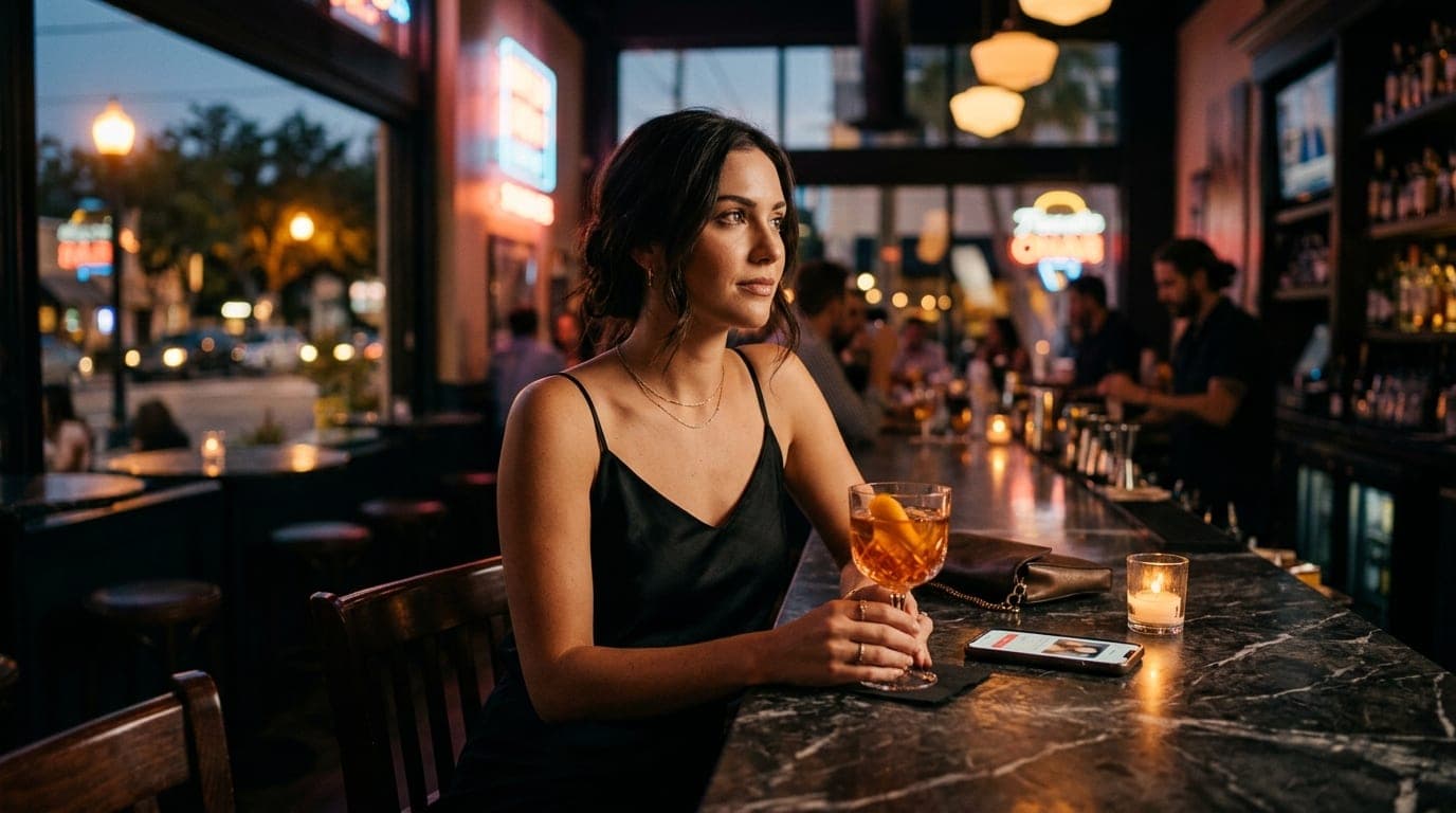 A woman in a black silk camisole sits at a dimly lit Thornton Park bar, illuminated by a glowing cocktail. Her smartphone,...