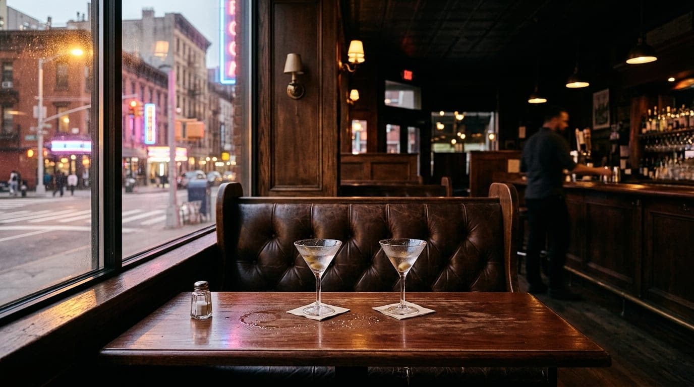 Centered 24mm wide-angle shot, noon natural light through a window, capturing a single dimly lit leather booth at The Gues...