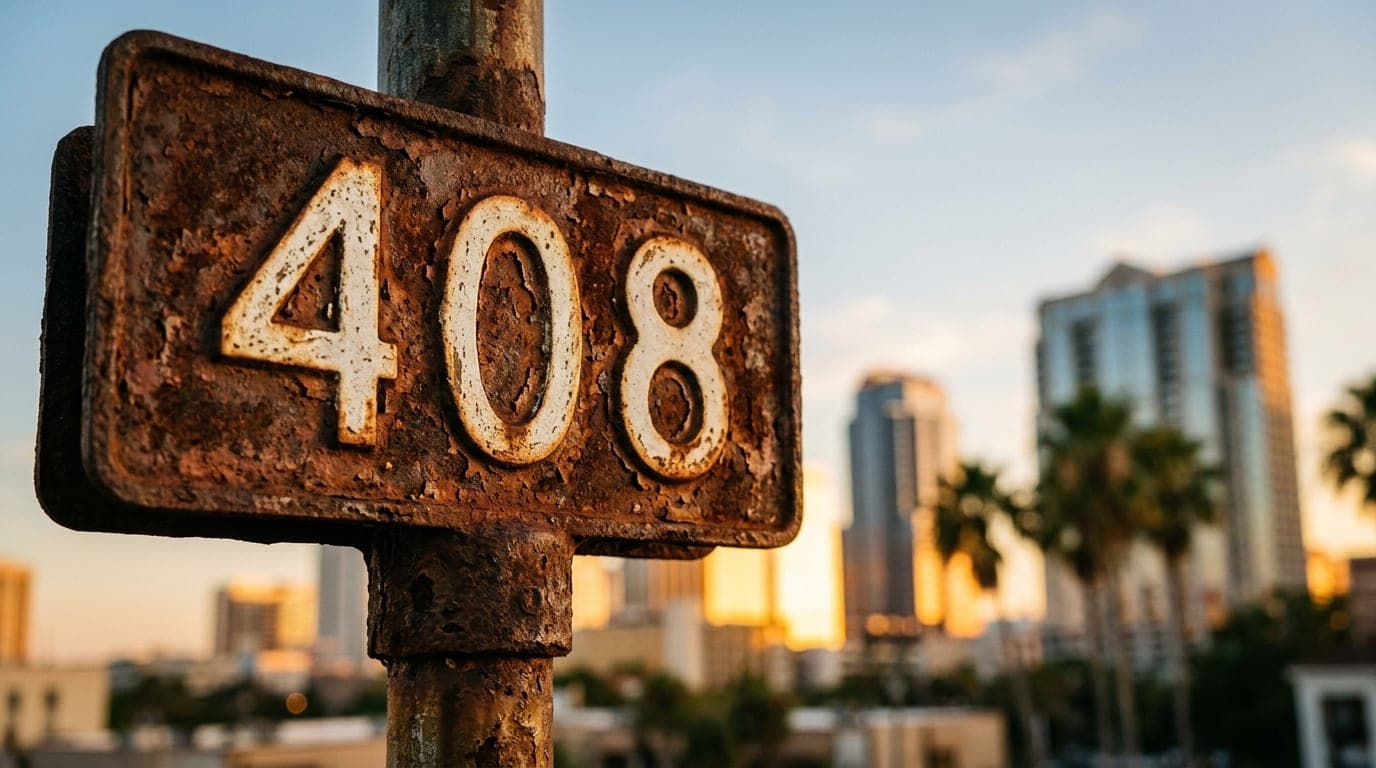 Extreme close-up, 35mm documentary shot of a sun-drenched, rusted iron street sign reading "408" in downtown Orlando. Gold...