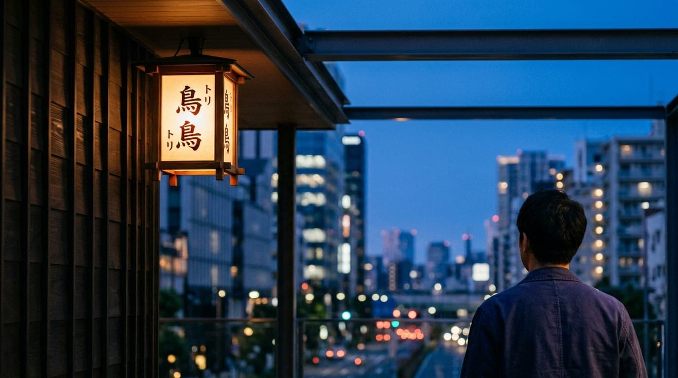 An 85mm shot of the illuminated Tori Tori sign glows softly at blue hour. The shallow depth of field blurs the sleek, mode...