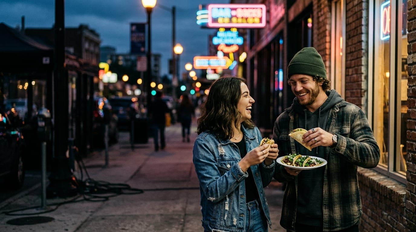 A couple stands on a dim Milk District sidewalk, eating street tacos from a paper plate. Blurred neon signage glows in the...