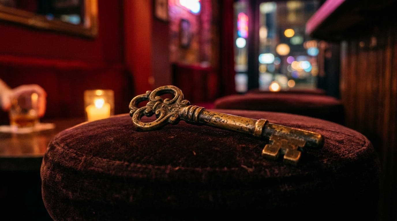 A low-angle, 100mm macro shot captures a weathered brass speakeasy key resting on a dark velvet bar stool at The Matador....