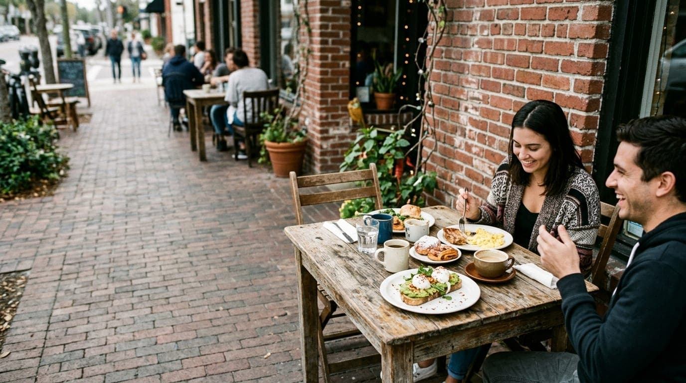 A couple shares a mid-week brunch at a rustic wooden table outside a Milk District café. Sunlight hits half-eaten avocado...