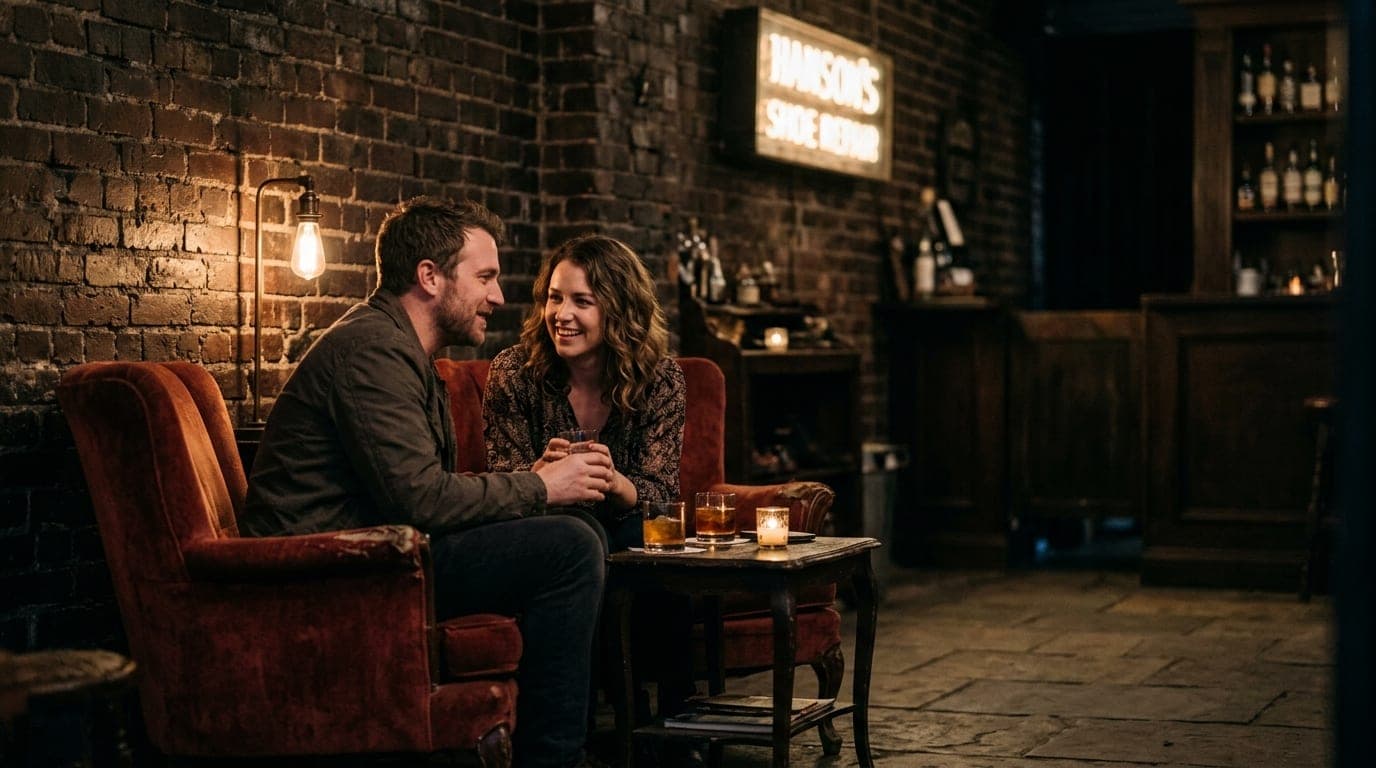 A couple sits on the worn velvet chairs of Hanson’s Shoe Repair at night. Warm tungsten lamps illuminate their faces, offs...