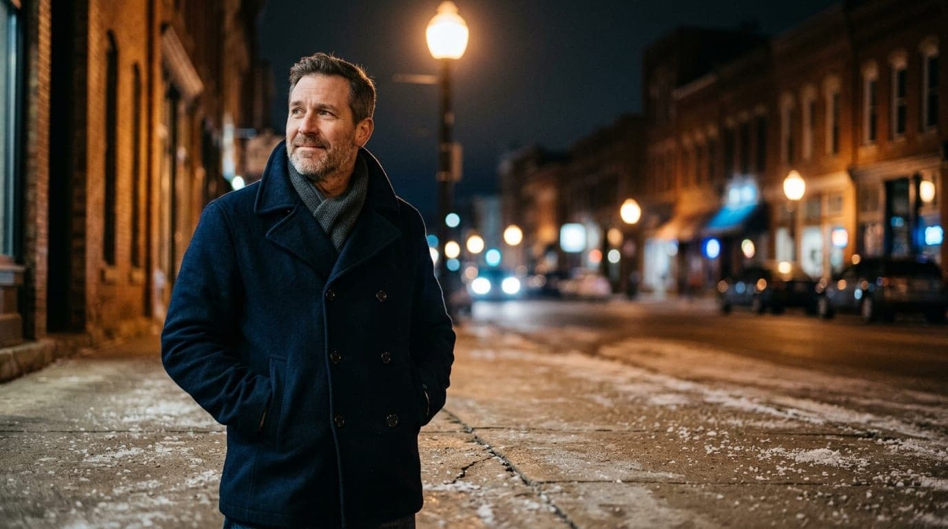 A low-angle 85mm portrait captures a man in a navy wool peacoat standing on a salt-stained Oshkosh sidewalk. Soft streetla...
