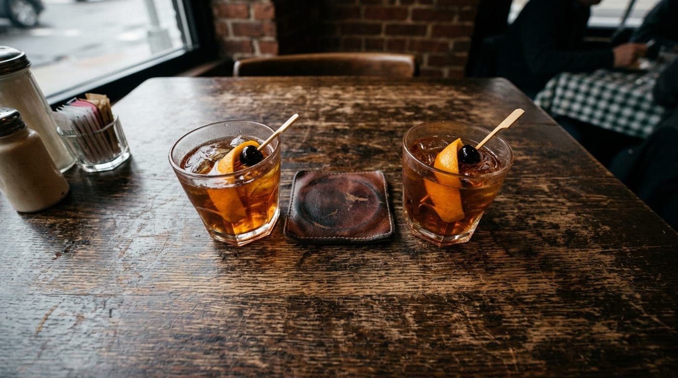 An overhead flat-lay of a wooden tabletop at The Roxy, featuring two brandy old fashioneds and a leather coaster. Overcast...