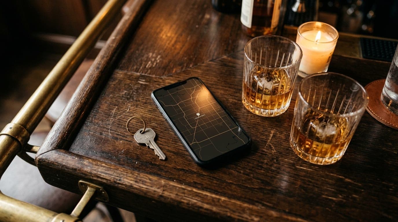 Overhead flat-lay of a dark oak bar top in Overland Park. A smartphone showing a map of the 913 area sits beside two half-...