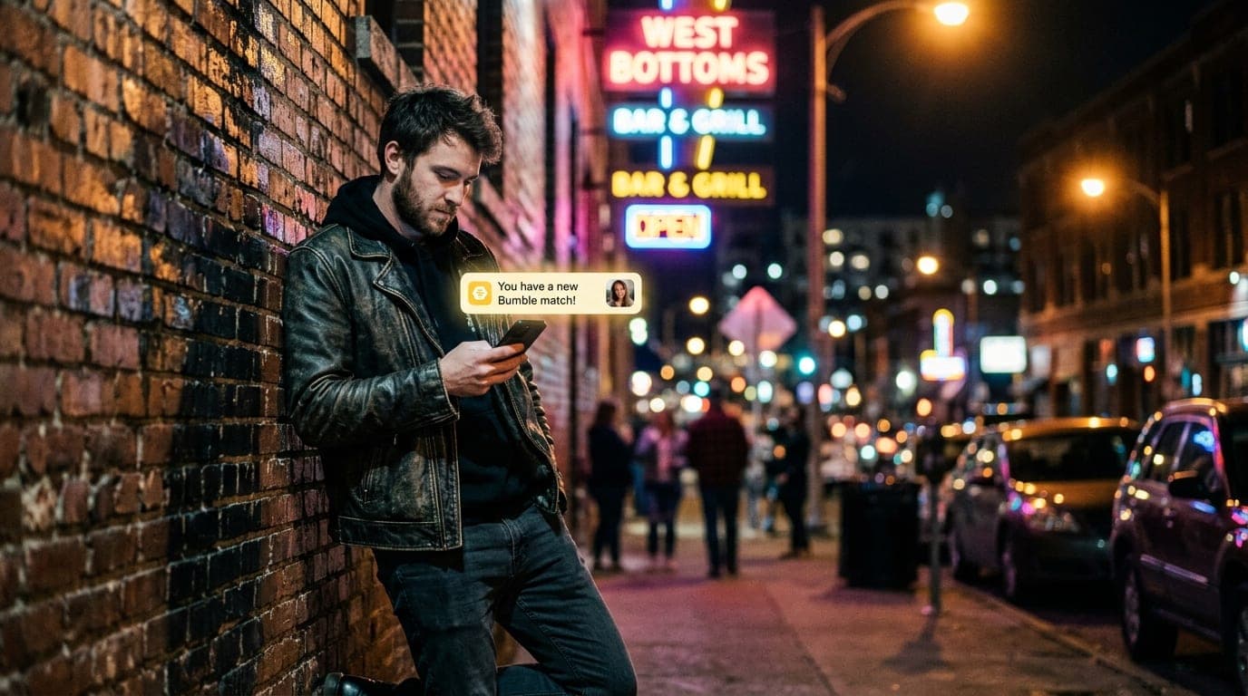 An 85mm portrait captures a man in a leather jacket leaning against a brick wall in the West Bottoms, night city lights bl...