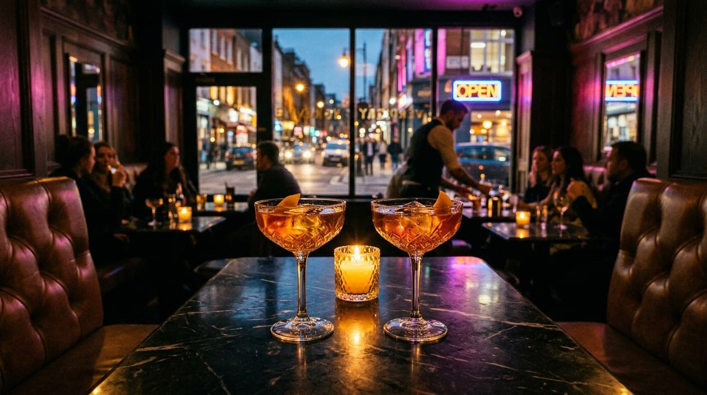 A medium shot centered symmetrically inside Verdigris, showing two crystal coupes of glowing amber cocktails on a dark mar...