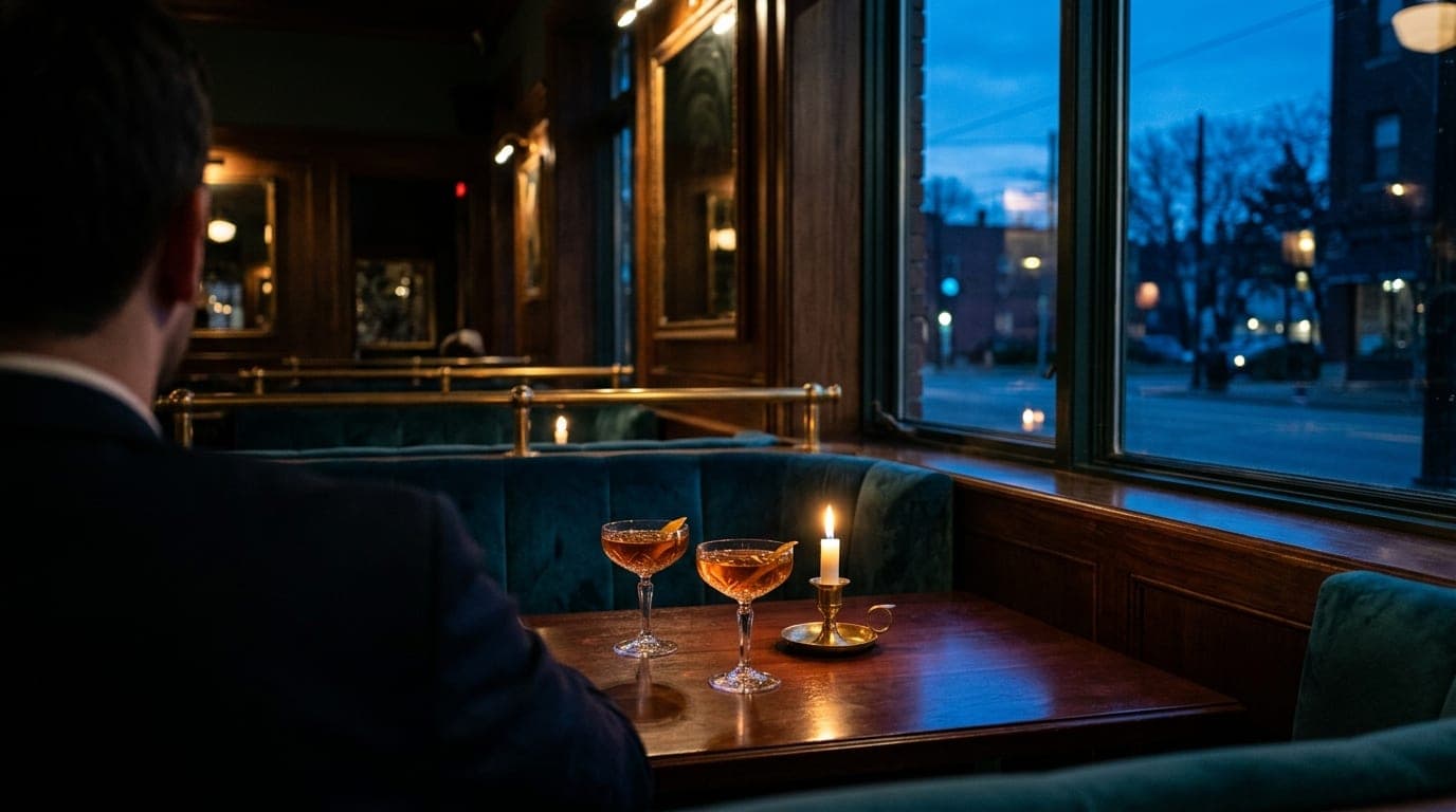 An over-the-shoulder view from a velvet booth at Verdigris. Two crystal coupe glasses sit on a polished dark wood table, d...