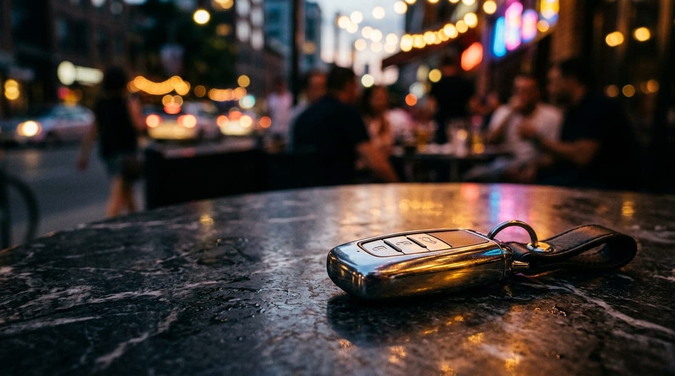 Extreme close-up macro shot of a polished silver luxury car key fob resting on a dark marble bistro table, reflecting the...