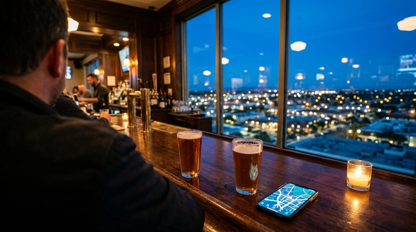 Over-the-shoulder view from a RiverPark bar, showing two glasses of craft beer and a glowing digital map on a phone screen...