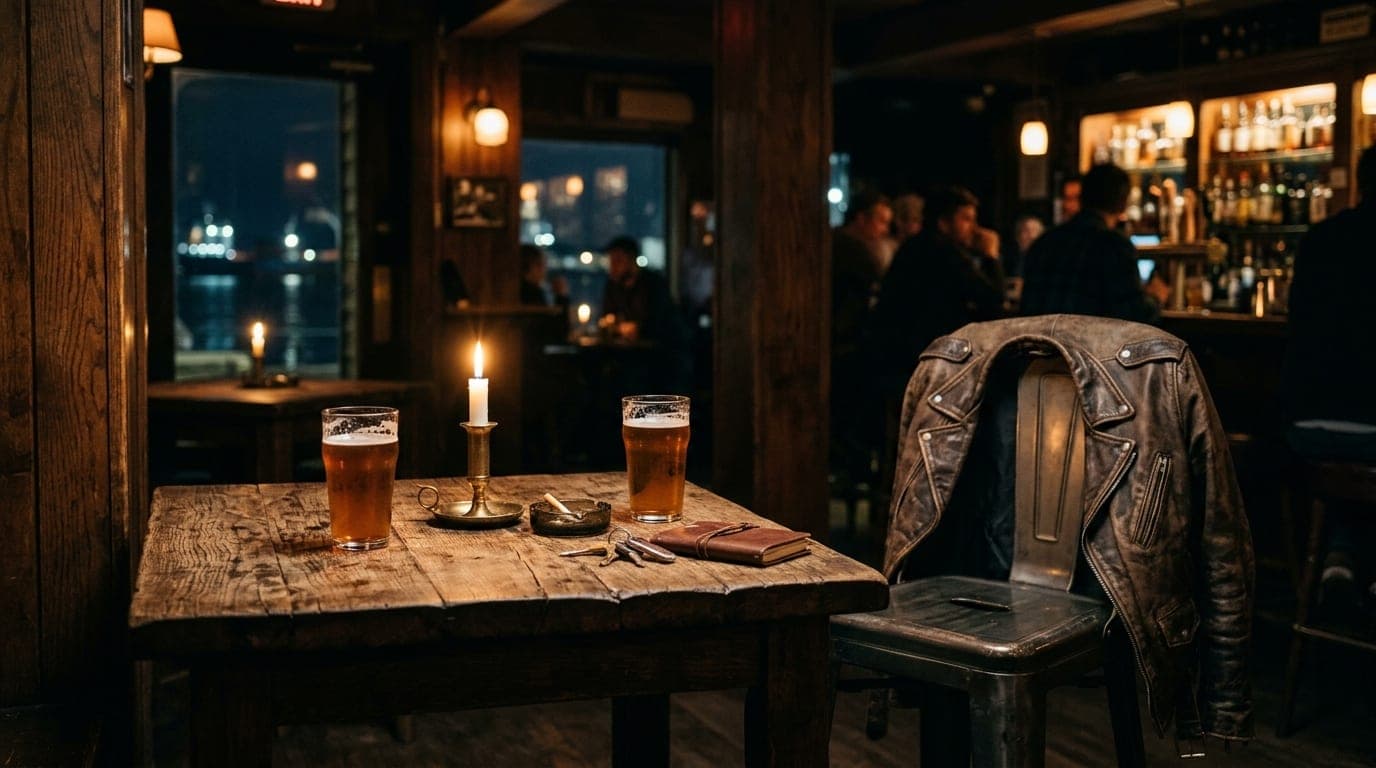 A low-angle hero shot of a weathered wooden table at a harbor dive bar. A single leather jacket rests on an empty stool be...