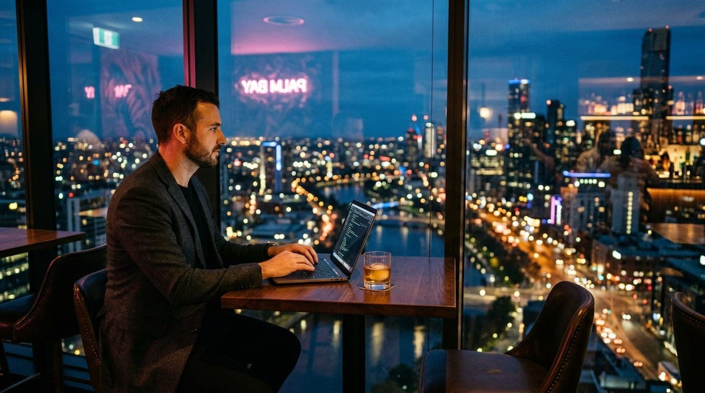 A man in a crisp charcoal blazer sits at a dimly lit Palm Bay lounge bar, a laptop open next to a neat whiskey, overlookin...