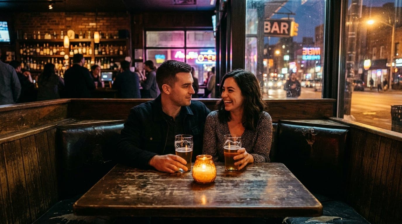 A couple sits in a dim, wood-paneled booth at a local dive bar. Two half-empty pint glasses of beer rest on the scarred ta...