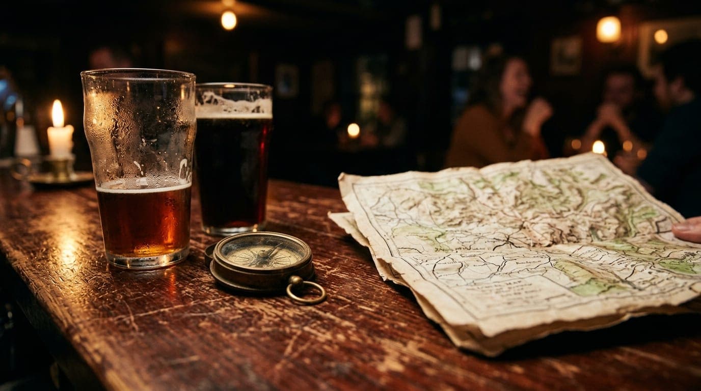 A low-angle, tight macro shot of a weathered mahogany bar top at a dimly lit tavern. Two chilled craft beers sit beside a...