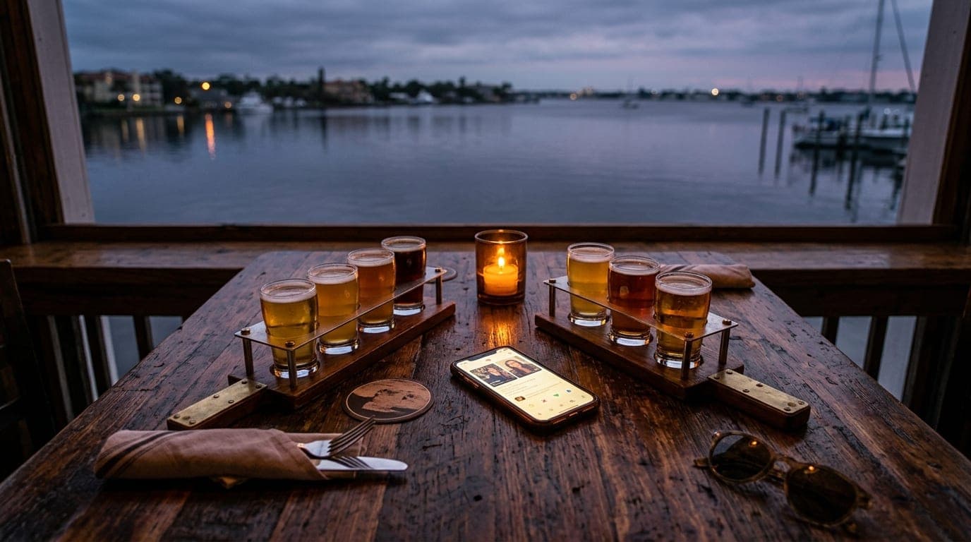Overhead flat-lay of a rustic wooden table at a waterfront bar. Two cold craft beer flights sit beside a smartphone showin...