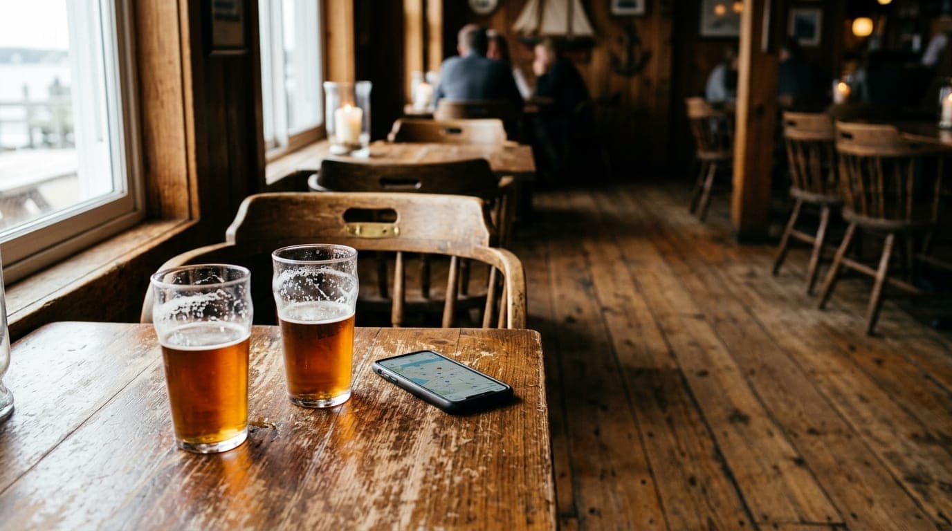 A weathered wooden table at a waterfront seafood shack holds two half-full pint glasses and a smartphone displaying a map....