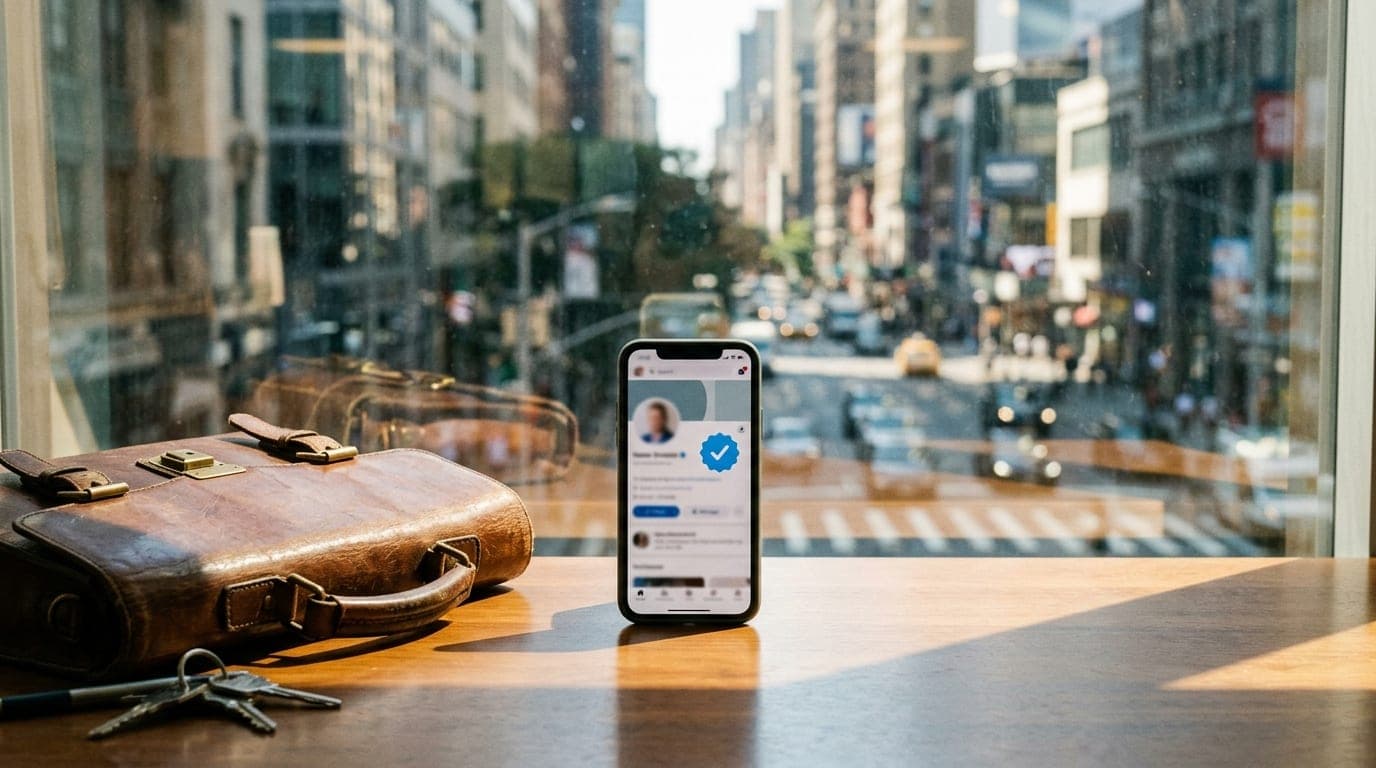 A close-up, centered symmetric shot through a window at noon captures a smartphone displaying a verified profile checkmark...