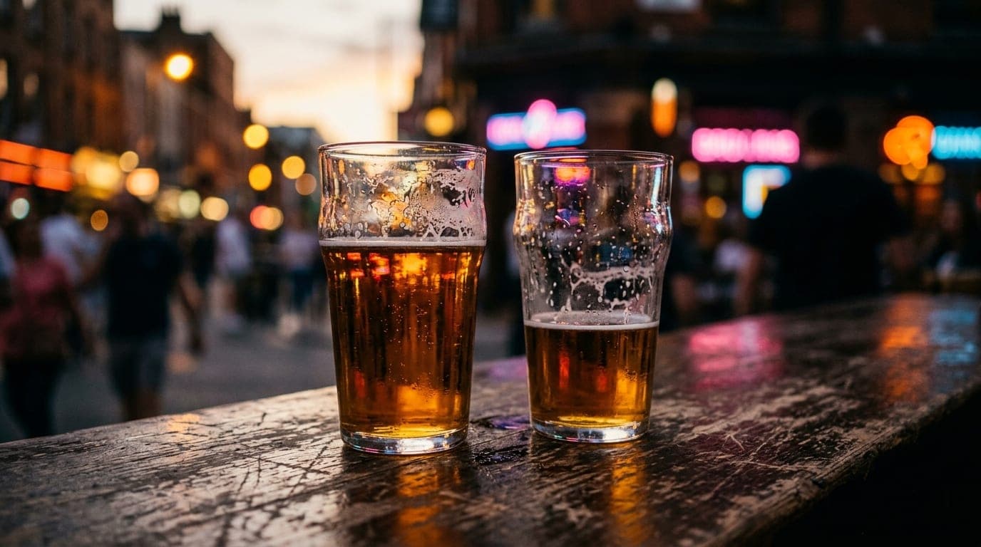Extreme close-up, macro shot of two half-empty pint glasses on a scratched wooden bar at sunset. Warm light glows through...