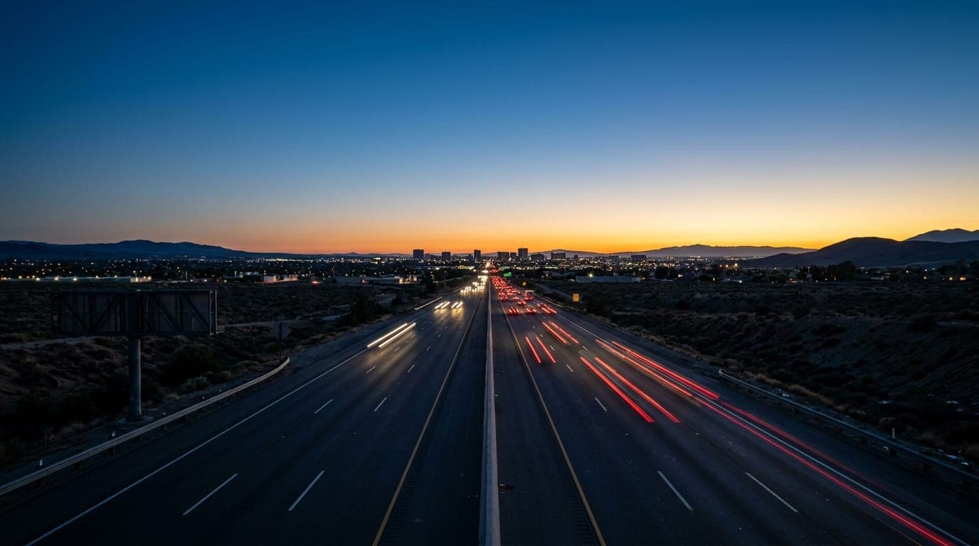 A symmetric, 24mm wide-angle view of the Antelope Valley Freeway stretching toward the Palmdale horizon at blue hour, with...