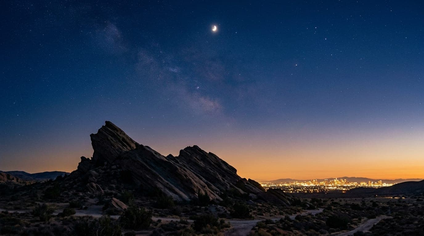 A low-angle, 50mm shot of the jagged, iconic sandstone formations of Vasquez Rocks silhouetted against a deep midnight sky...