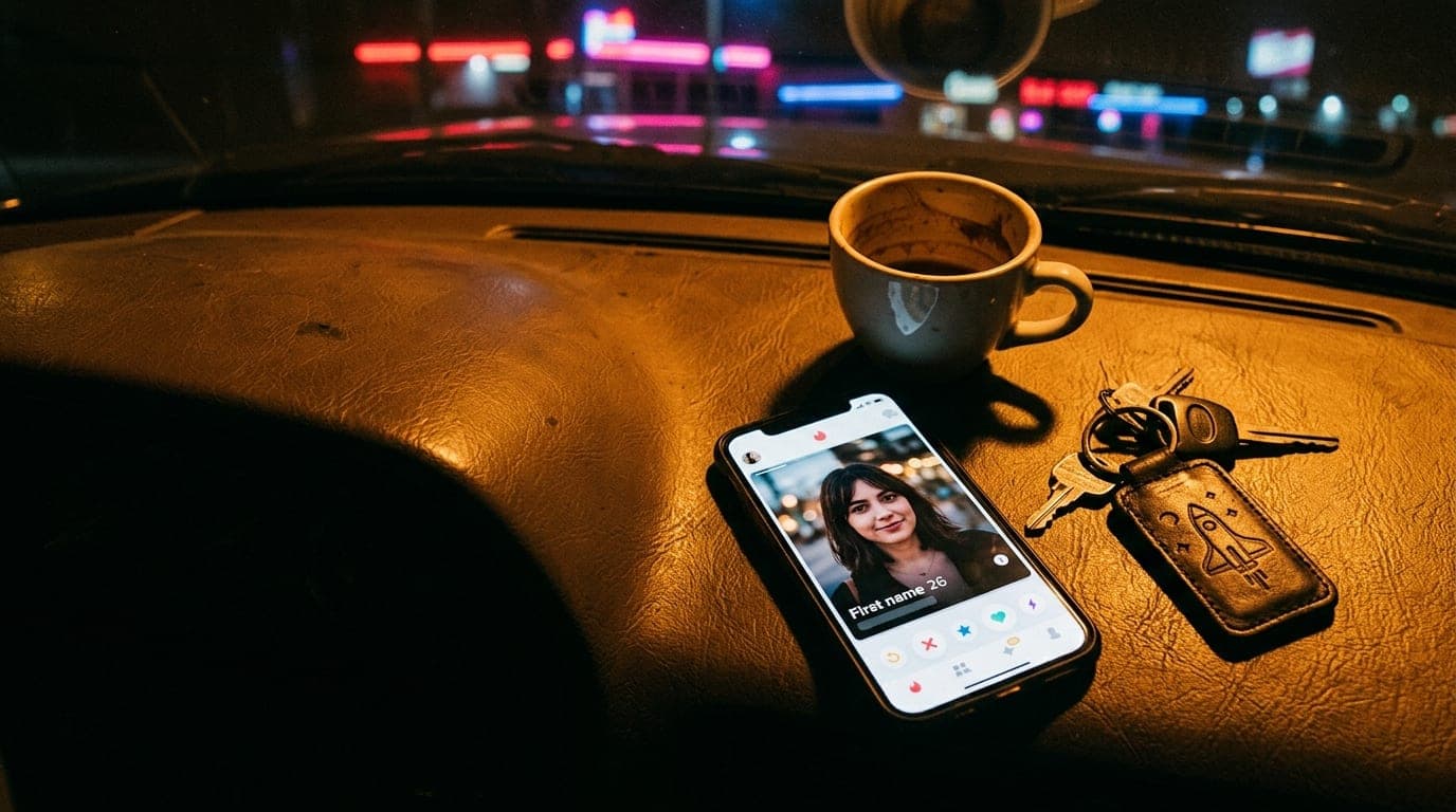 Overhead flat-lay on a dashboard: a smartphone displays a Tinder profile, a leather keychain for an aerospace badge, and a...