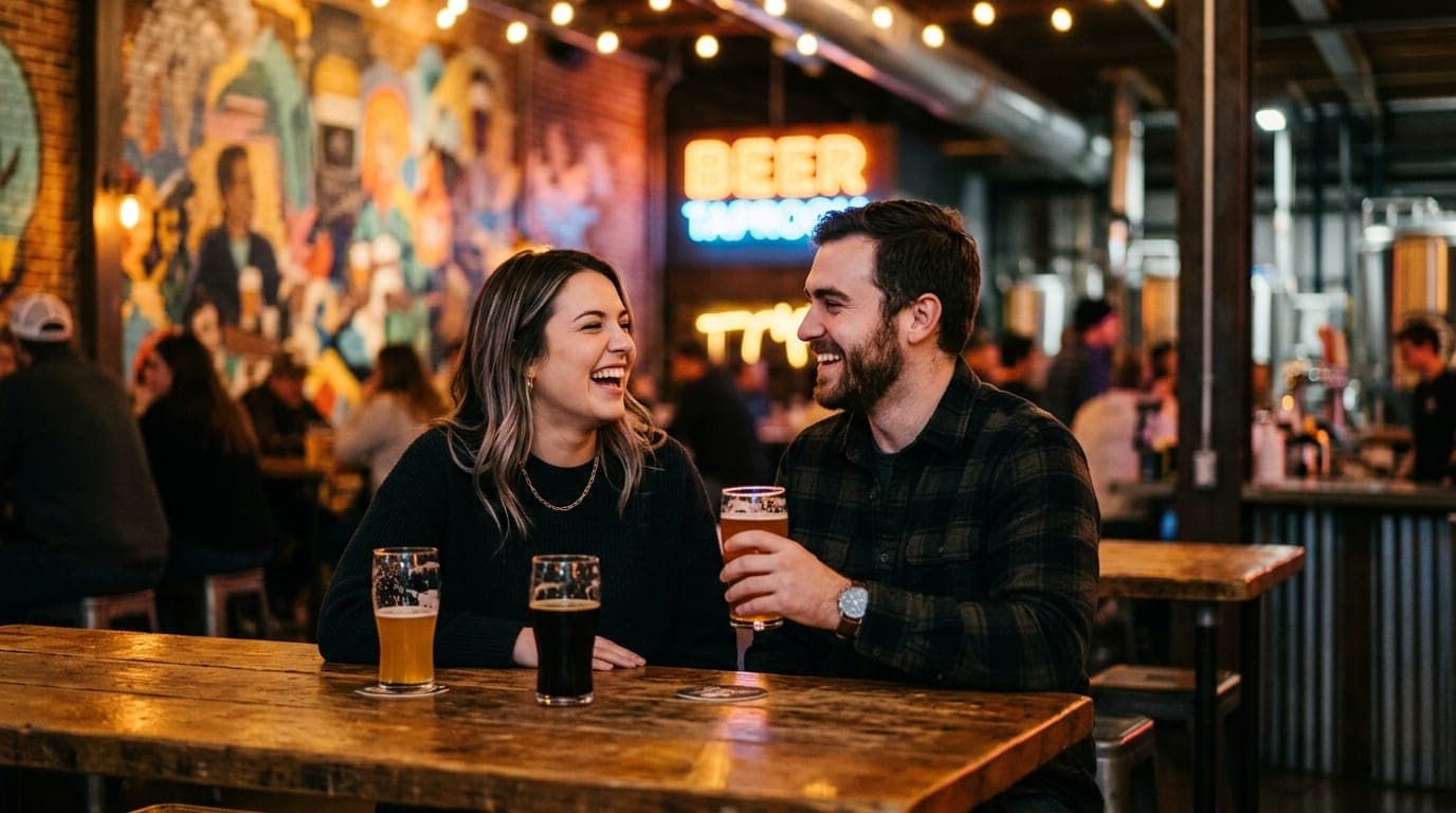 An 85mm portrait captures a couple laughing at a high-top table inside Transplants Brewing, bathed in warm amber light, wi...