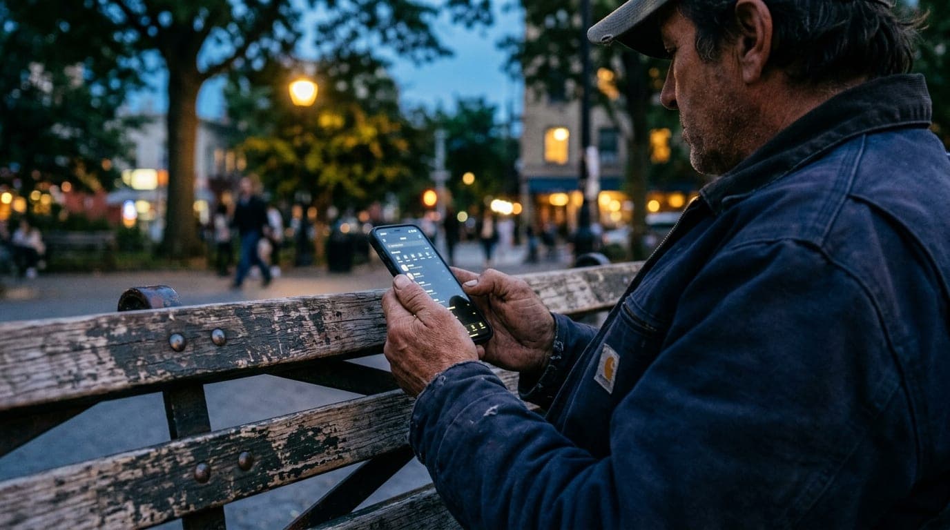 A man in a navy work jacket sits on a weathered bench at Strawberry Park during blue hour. A smartphone screen displaying...