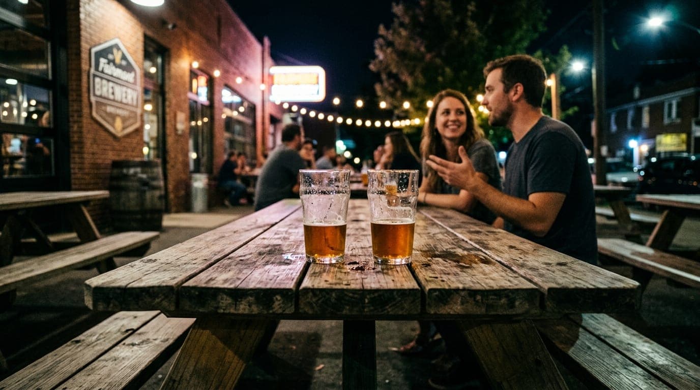 Low-angle hero shot of a weathered picnic table at a Fairmont Parkway brewery. Two half-empty beer glasses sit in focus, w...