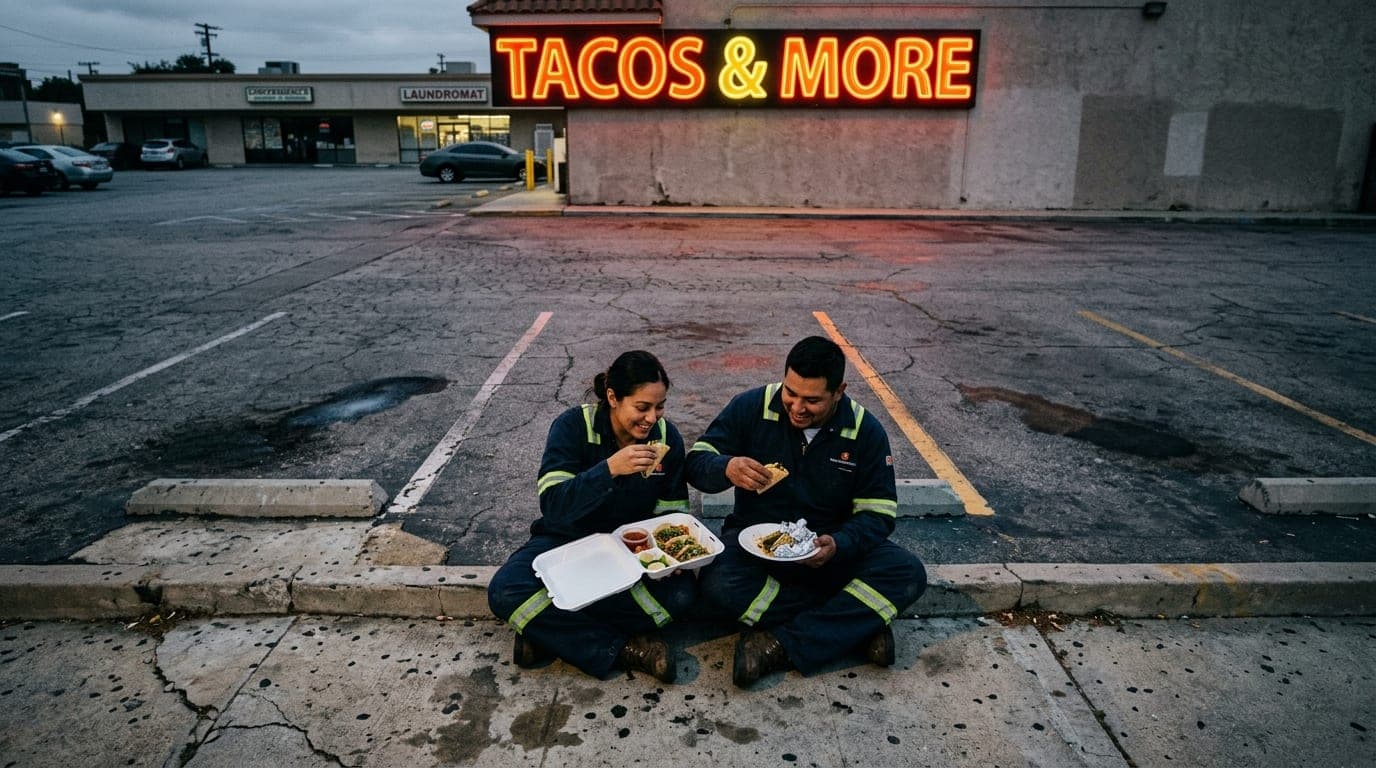 A couple sits on the cracked concrete of a Pasadena strip mall parking lot at dusk, wearing flame-resistant work coveralls...