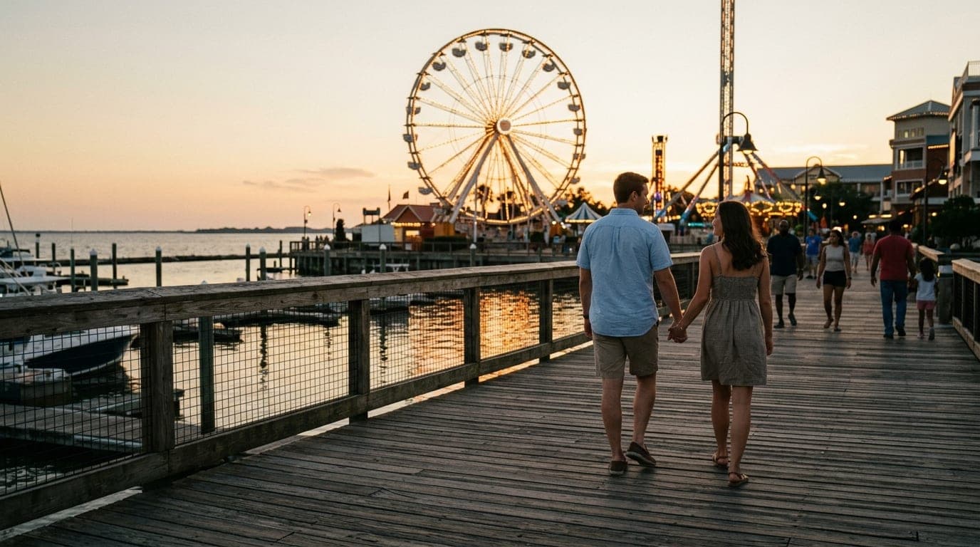 Wide establishing shot of the Kemah Boardwalk at sunset. A couple in casual summer attire walks hand-in-hand along the woo...