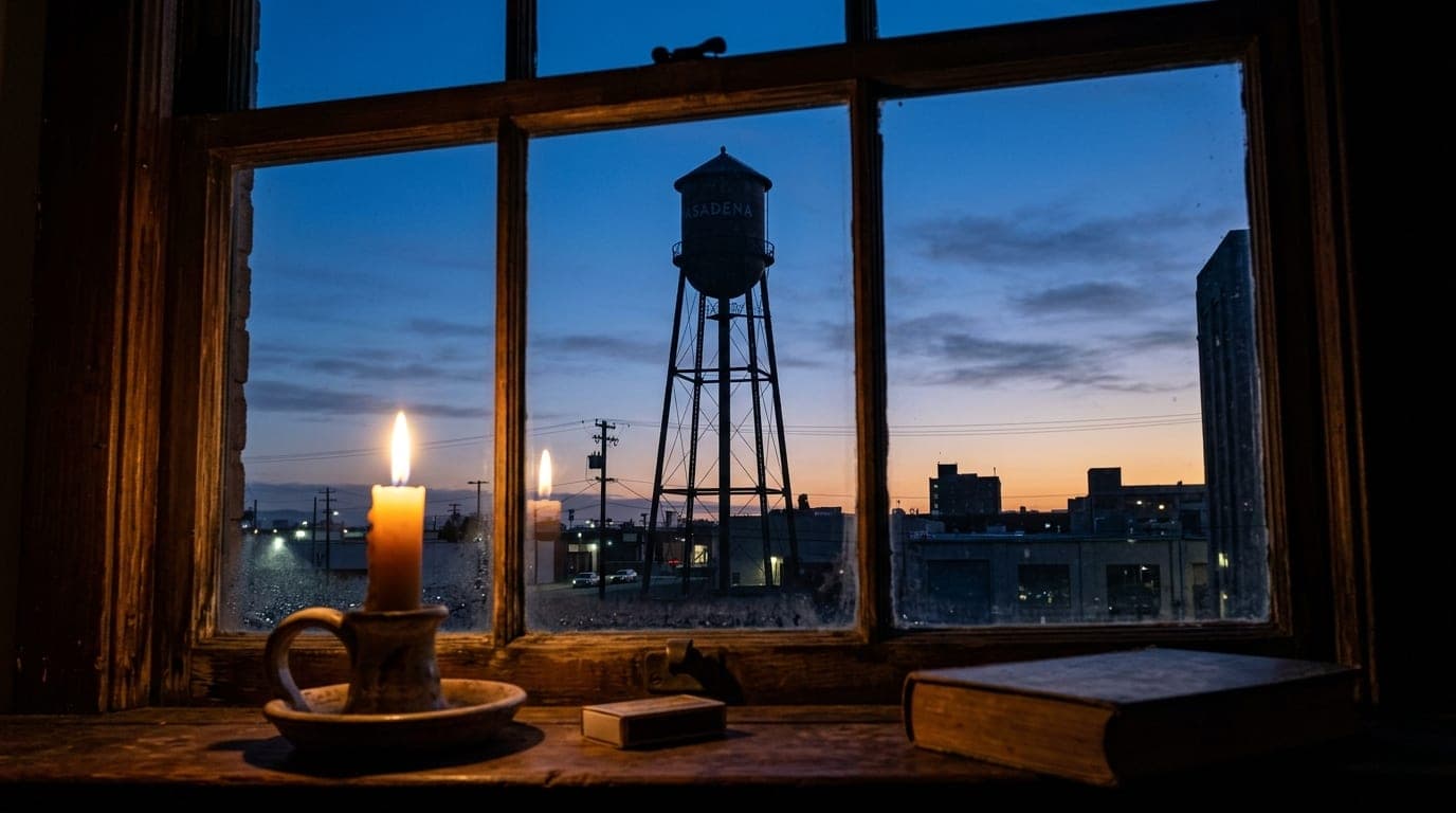 A candle-lit, interior view looking through a window at the iconic Pasadena water tower silhouetted against a deep indigo...