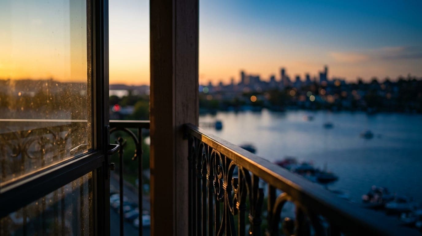 A close-up, tilt-shift view of the Chelsea Wine Bar’s darkened balcony railing overlooking the moonlit Clear Lake. Natural...