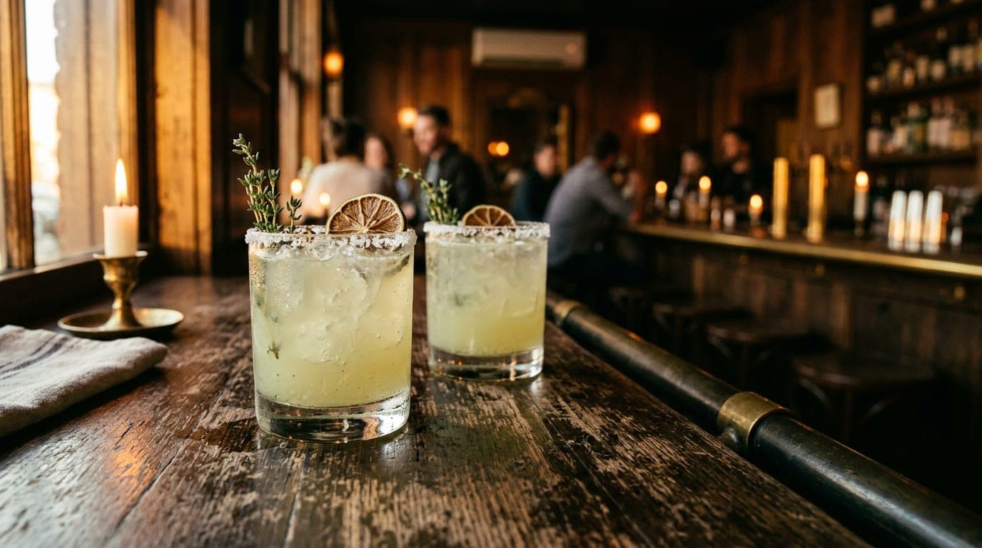 An 85mm macro shot shows two craft margaritas resting on a weathered wooden bar at Silver Sycamore. One glass is offset le...