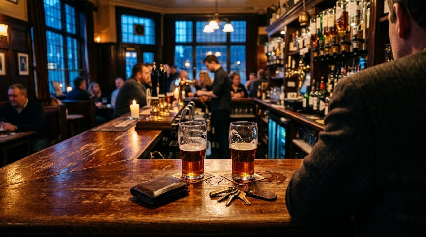 A 24mm wide-angle, centered shot over a polished mahogany bar at The Cock & Bull. Two half-poured amber ales sit beside a...