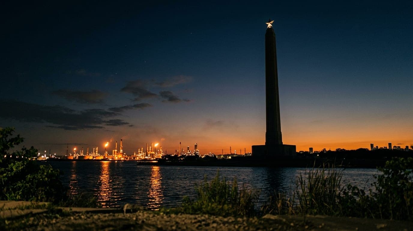 A low-angle, 35mm documentary shot of the San Jacinto Monument rising against a deep midnight sky, offset right, with glow...