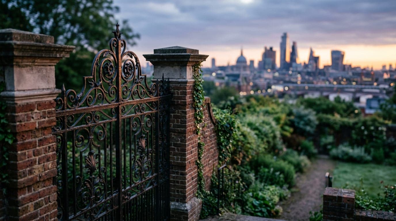 An 85mm shot captures the ornate, wrought-iron gates of Silver Sycamore offset left. The overcast morning light softens th...