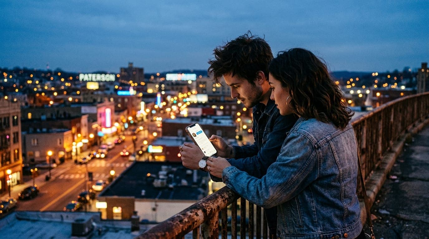 A couple in casual denim jackets leans against a rusted iron railing overlooking the illuminated Paterson cityscape, watch...