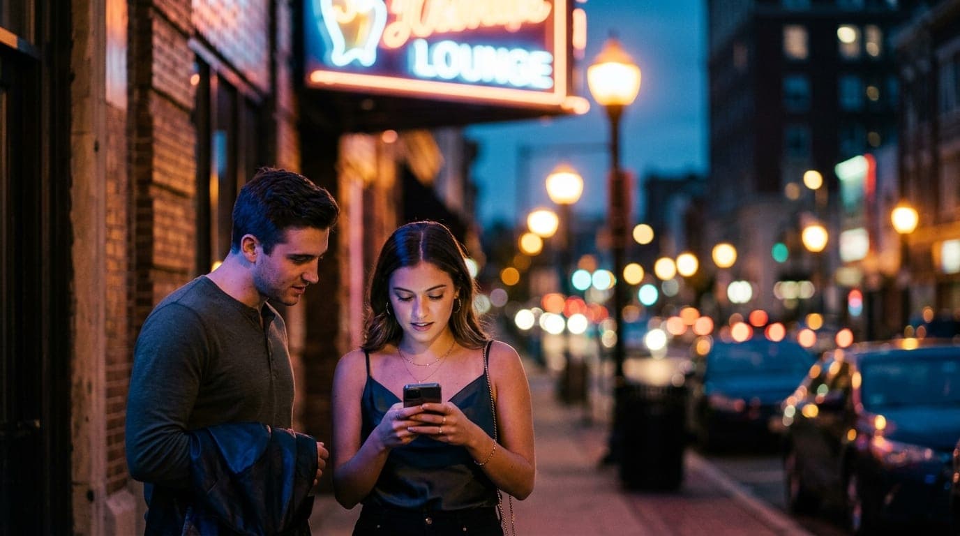 A couple stands under the glowing neon sign of a downtown Paterson lounge. The woman in a silk camisole checks her phone,...
