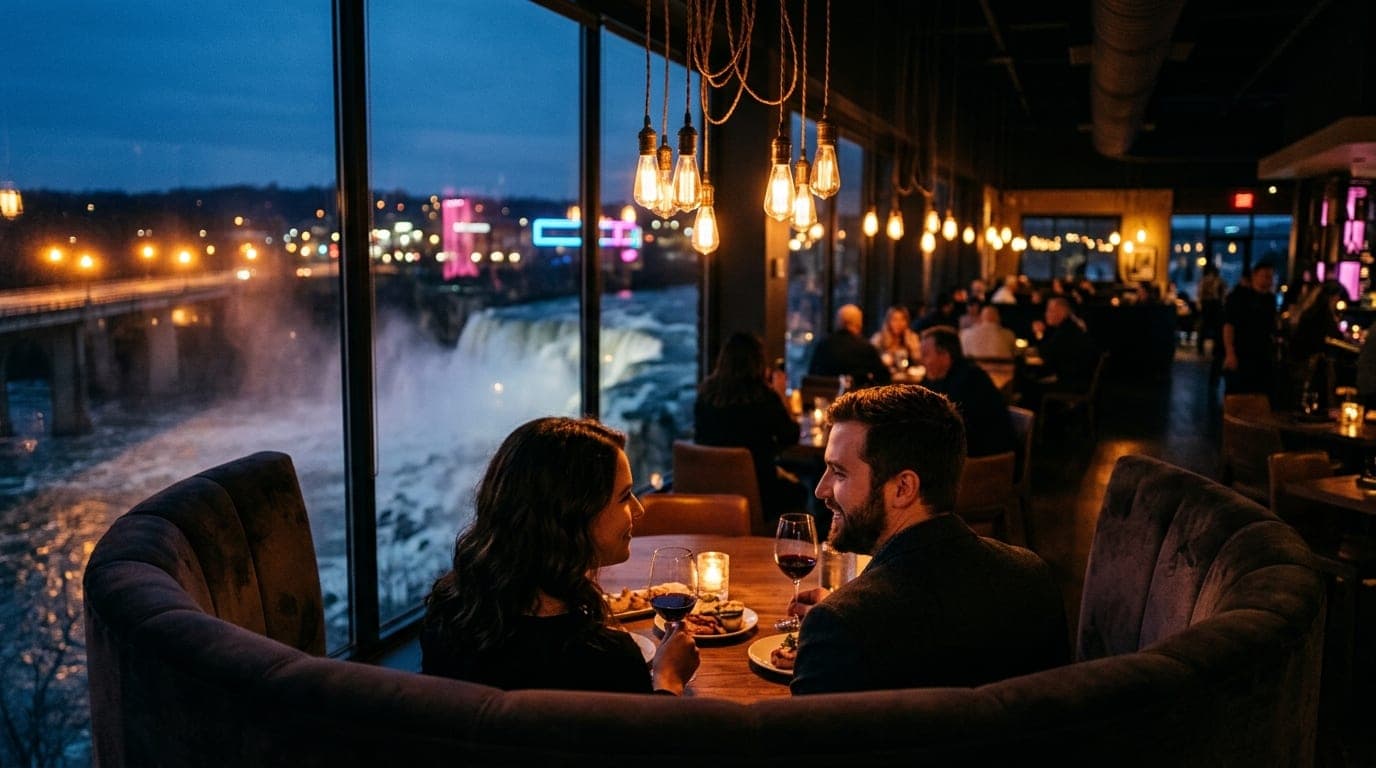 Over-the-shoulder view of a couple sitting in a large velvet booth at a dimly lit restaurant, framed by warm hanging Ediso...
