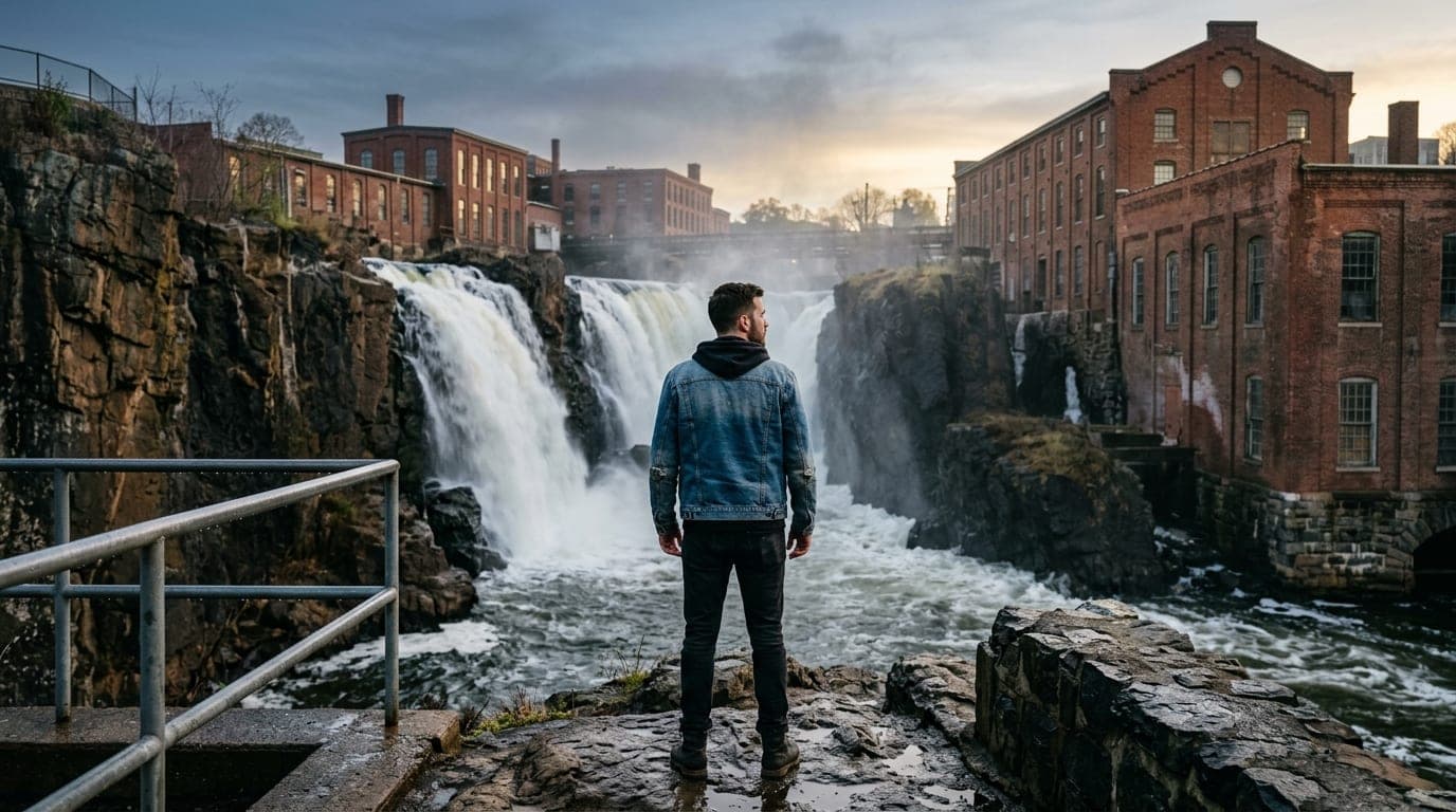 A low-angle hero shot centered on a man in a denim jacket standing before the Paterson Great Falls at dusk, 24mm perspecti...