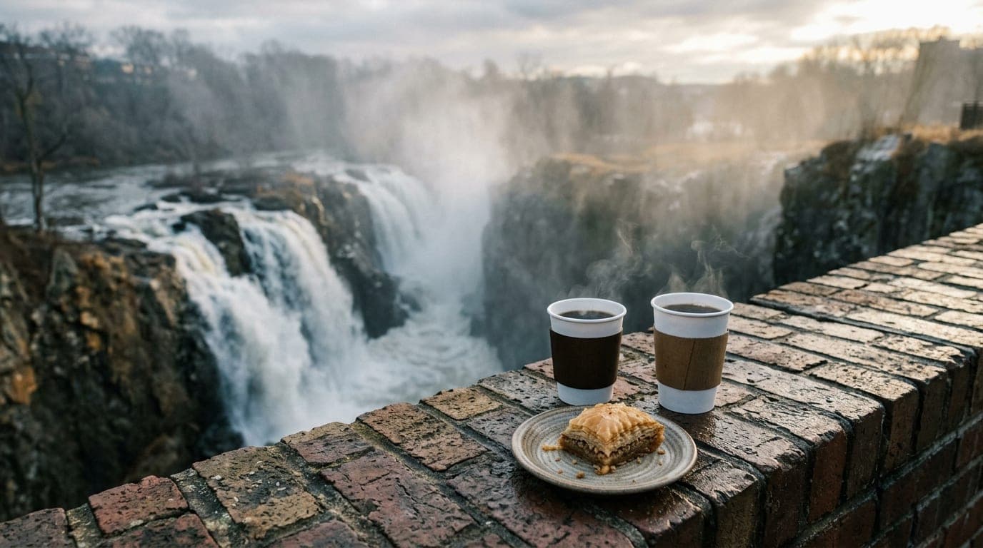 Overhead flat-lay, 50mm natural perspective, overcast morning. Two steaming paper cups of coffee and a half-eaten baklava...