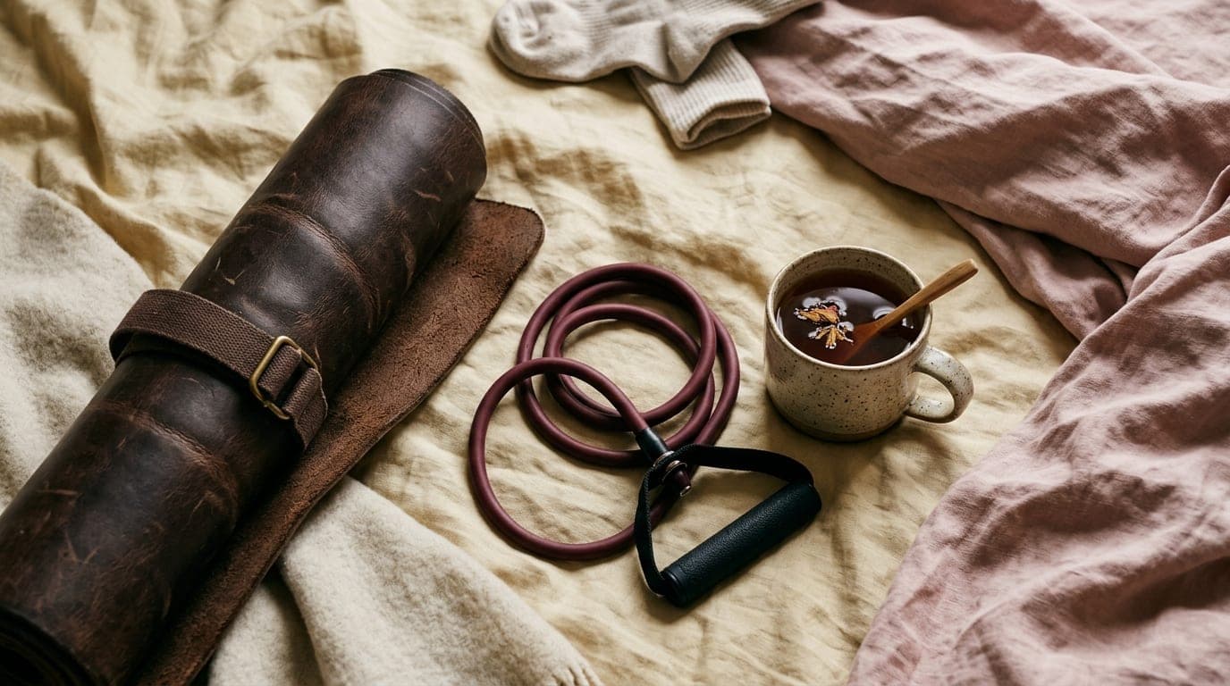 Overhead flat-lay, 100mm macro. A worn, leather-bound yoga mat sits partially unrolled on rumpled linen sheets. Beside it,...