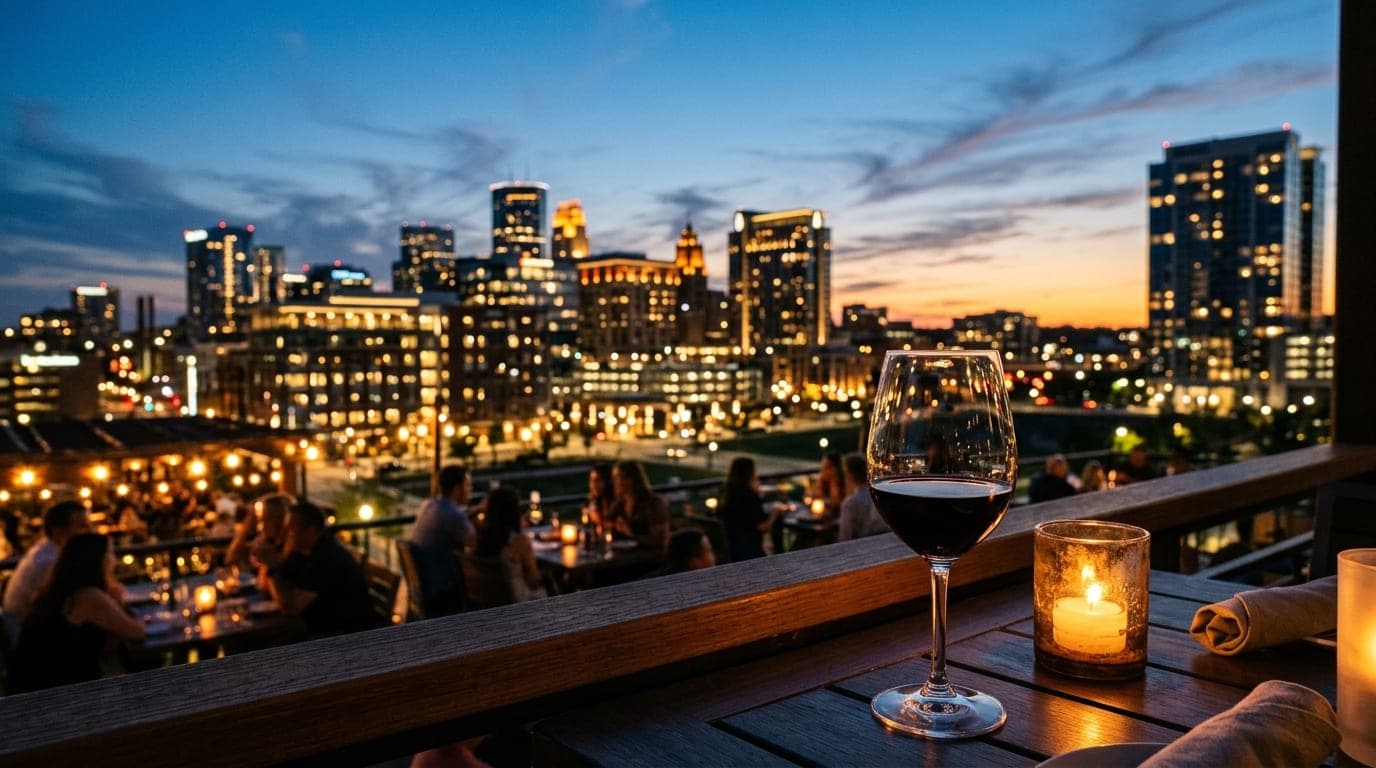 A warm, candle-lit view of the Cooper’s Hawk Winery patio at dusk. A polished wine glass sits in the foreground, offset ri...