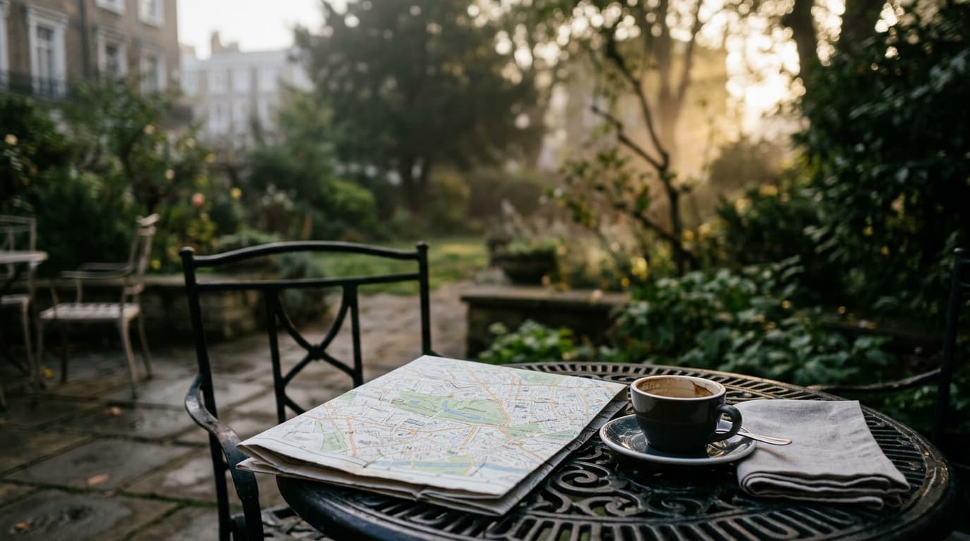 A blurred outdoor patio at Pembroke Gardens in daylight. A neatly folded map of the local area rests on a wrought-iron caf...