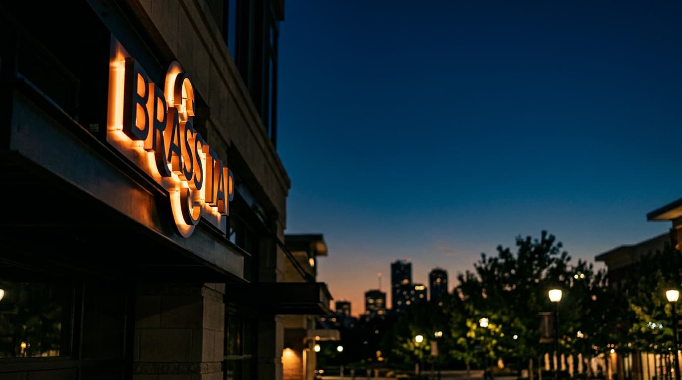 A low-angle 85mm shot of the illuminated Brass Tap sign glowing against a deep midnight sky, soft bokeh blurring the dista...