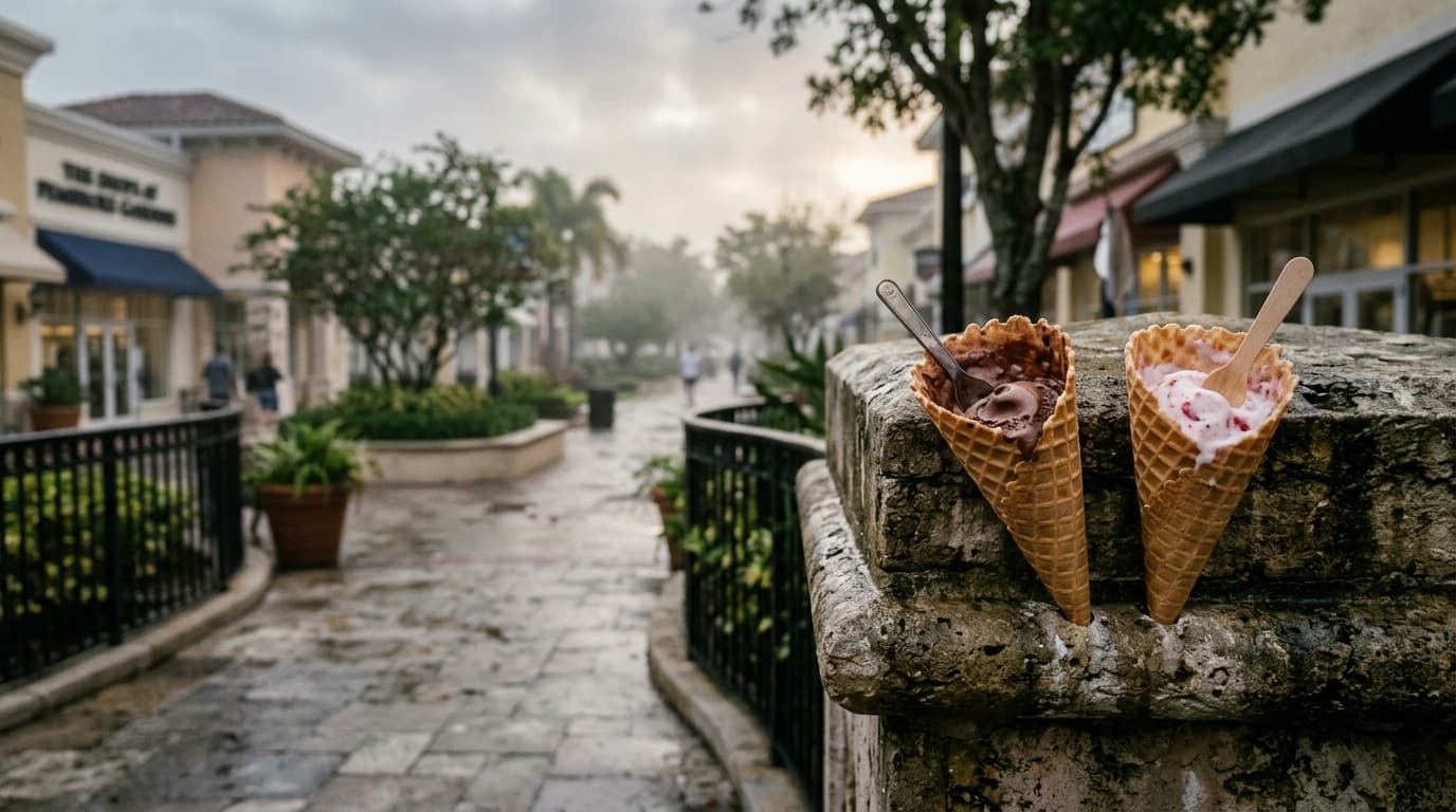 A 35mm documentary shot on an overcast morning shows a pair of half-eaten gelato cones resting on a stone ledge at the Sho...